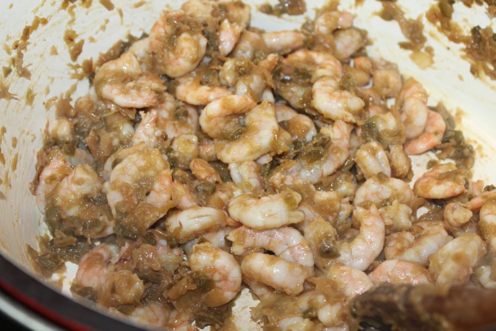 Browned onions, cooked shrimp